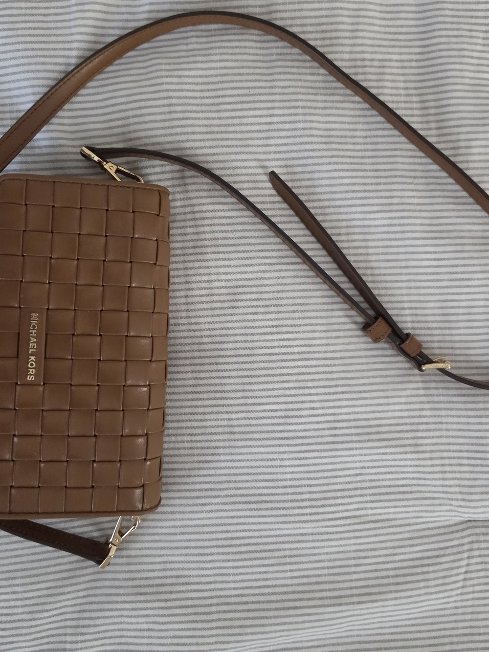 Michael Kors Tan Woven Leather Crossbody Bag with Gold Hardware